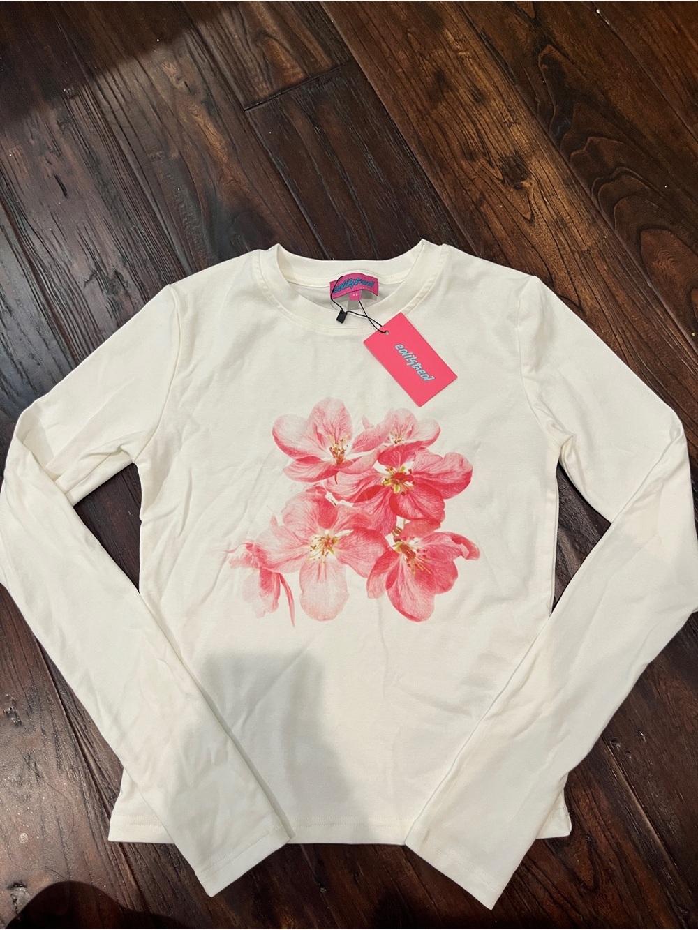 Edikted Cream Long-Sleeve Top with Pink Floral Graphic